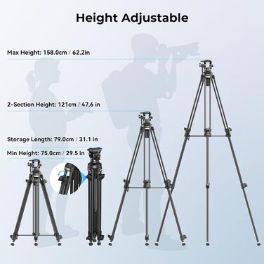 SMALLRIG 62'' відеоштатив з 360° флюїдною головою, легкий алюмінієвий штатив з швидкознімною пластиною та ручкою для DSLR та відеокамер, вантажопідйомність 5 кг, AD-50Lite