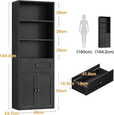 Стелаж Coleshome з дверцятами та шухлядами, 5 полиць, 48x24x164.2 см, білий/чорний