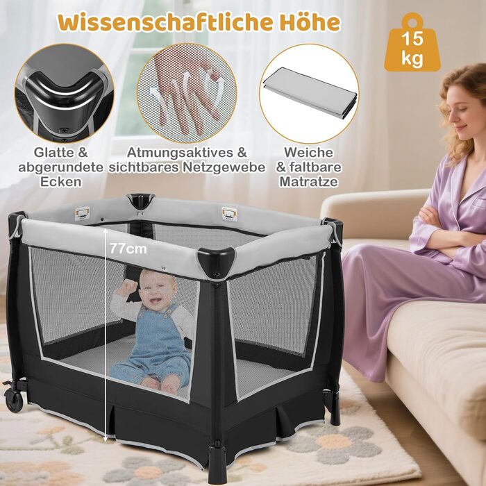 Дитяче туристичне ліжко COSTWAY 5 в 1 з матрацом, сірим кольором, до 15 кг, з пеленатором та іграшкою