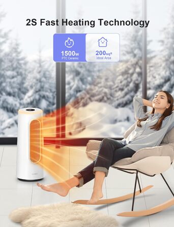 Керамічний обігрівач CLEVAST 1500W з терморегулятором та таймером, 83°C, осциляція, для спальні/офісу (Small)