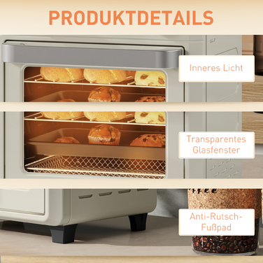 HOMCOM Конвекційна піч на 10 літрів для приготування на грилі, випікання та смаження у фритюрі, з таймером, 1000 Вт, придатна для миття в посудомийній машині, кремово-білий