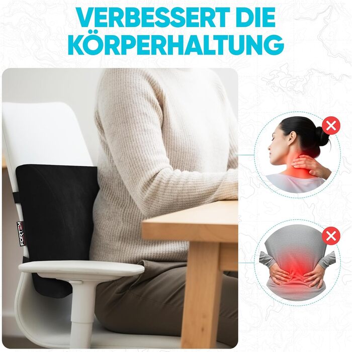 Подушка під поперек FORTEM з ефектом пам'яті для авто, ігрового та офісного стільця, ергономічна підтримка спини з дихаючою знімною обробкою (Чорний велюр)