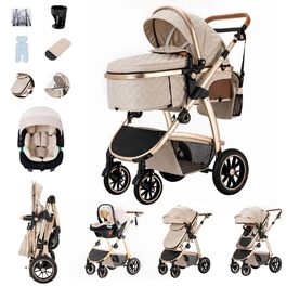 Дитяча коляска 3 в 1, система подорожей з автокріслом, коляска з регульованими підлокітниками, комбінована коляска з дощовиком, москітна сітка, алюмінієвий каркас, прогулянкова коляска для 0-4 роки, чорний (SK20-Бежевий)