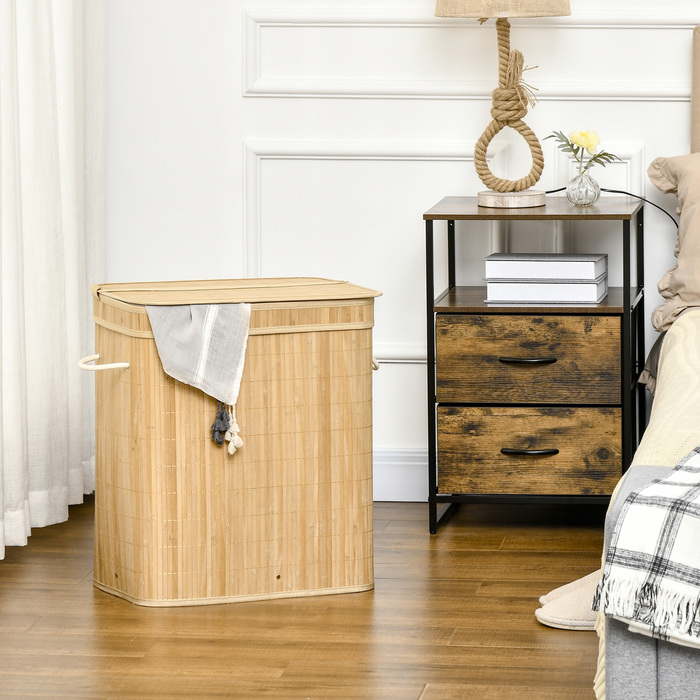 Кошик для білизни HOMCOM з бамбука з кришкою та ручками, ємність 90 літрів з 2 секціями та знімною тканинною сумкою - 54,2 x 35,2 x 59,5 см