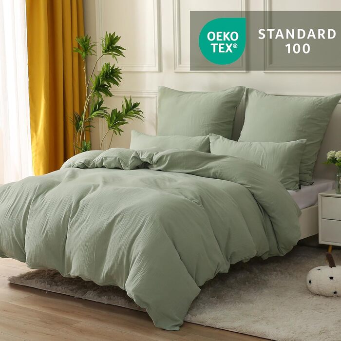 SOULFUL Комплект постільної білизни з мусліну 200x200, бавовна, 3 шт. (1x простирадло 200x200, 2x наволочки 80x80), Органічна білизна, колір лакричник, з блискавкою