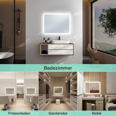 Дзеркало для ванної кімнати GIMBELEN LED з підсвічуванням 80x60 см, прямокутне, сенсорне керування, регулювання яскравості, 3 кольори світла, антизапарник, вертикальна/горизонтальна установка