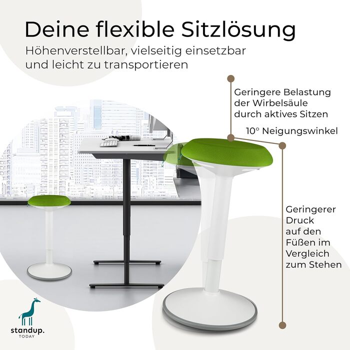 Standup.Today Ерганомічний хокер Ella (білий/зелений) – регульована висота 55-80 см – для офісу та дому – з ефектом гойдання