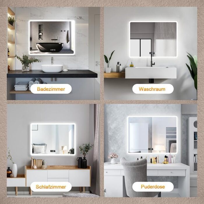 Дзеркало для ванної кімнати з підсвічуванням та годинником Boromal, 80x60 см, диммування, 3 кольори світла (3000-6500K), 2940LM