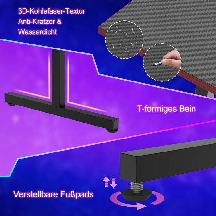 Ігровий стіл Devoko 160x60 см з LED підсвічуванням, з підставкою для монітора, карбоновим покриттям, ергономічний, з тримачем для чашки та гачком для навушників