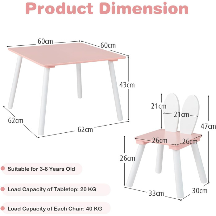 Дитячий стіл LIFEZEAL з 2 стільцями, спинка для вух кролика, дерево, для дитячої кімнати та дитячих садків (рожевий)