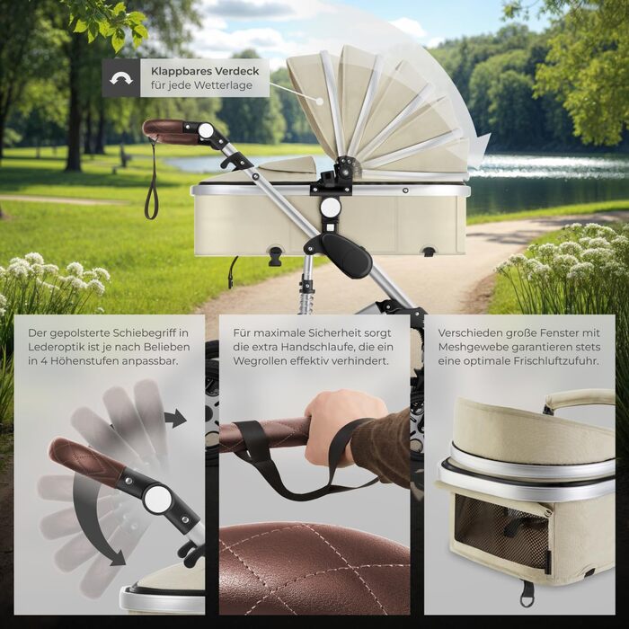 Дитяча коляска Tectake 2 в 1: розкладний візок-ліжко з підніжкою, тримачем для напоїв, люлькою та дощовиком (сірий/бежевий)