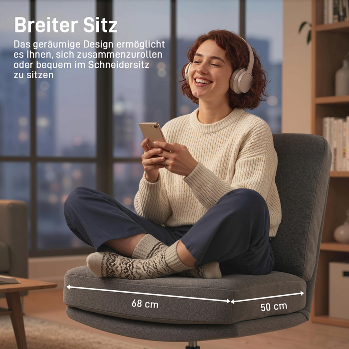 Крісло з пуфом, поворотне, м'яке крісло для вітальні з текстурою льону, темно-сірого кольору