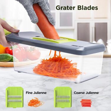 Ручний овочевий слайсер-мандоліна з 6 лезами та контейнером 3.3L - професійний овочевий слайсер з захистом рук, багатофункціональний, для слайсів, жульєну та подрібнення цибулі, чорно-зелений