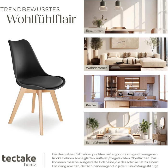 Тектейк® Комплект обідніх стільців Frederikke II (6 шт.), чорний, сучасний дизайн, для кухні, вітальні, офісу, скандинавський стиль