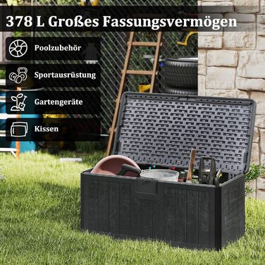 Ящик для зберігання садовий COSTWAY 378 л, водонепроникний, з кришкою на замок, для подушок та інструментів, сірий