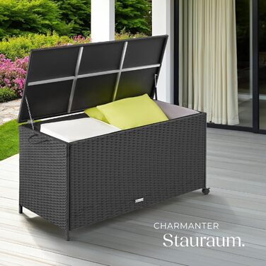 Скриня для саду Tectake з ротангу, чорна, 297л, водонепроникна, на колесах, для тераси та балкону 117x54x64 см