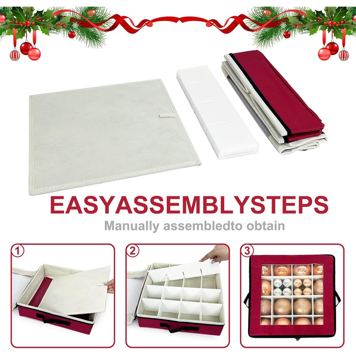 Коробка для прикрас на ялинку VERONLY з перегородками, складана, з ручками та кришками (4 шт., червона)