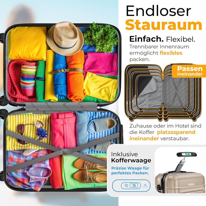 Валіза KESSER® з жорстким корпусом, вагова шалька та багажний жетон | Роликова валіза з кодовим замком, телескопічна ручка (шампань, 75 см – 120 л)