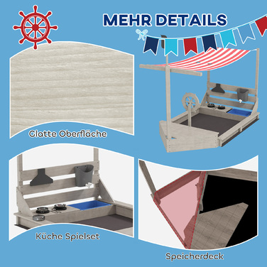 Outsunny Sandpit Sandpit Large з кришкою в дизайні корабля Грязьовик Дерев'яний вітрильний корабель Ігровий будиночок з кухнею Ігровий набір для зберігання для дітей 3-7 років Сірий 180 x 103 x 144.5 см