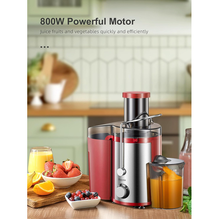 Reemix Соковитискач для овочів та фруктів, професійний Max Juicer з нержавіючої сталі, 800W, 3 швидкості, червоний