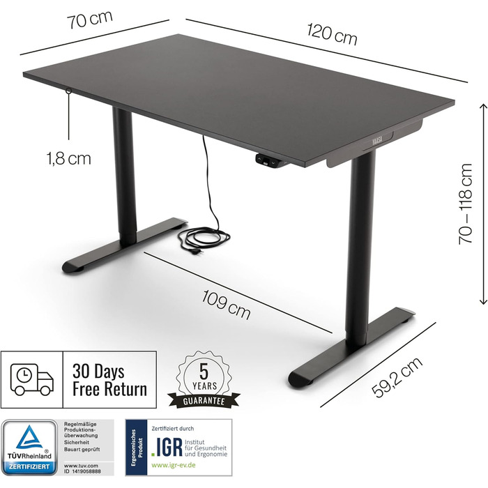 Дитячий стіл Yaasa Desk Basic S регульований по висоті, 120x70 см, чорний, incl. key замок і USB-порт для зарядки, стіл Антрацит 120 x 70 см