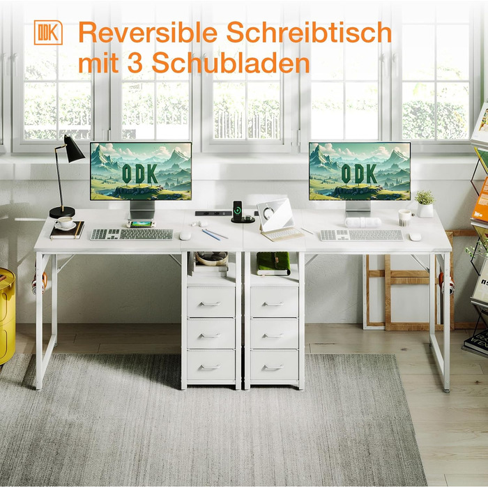 Комп'ютерний стіл ODK з 3 висувними ящиками, 100x48x75.5 см, з розетками та USB, білий. Перевертається, для дому та офісу