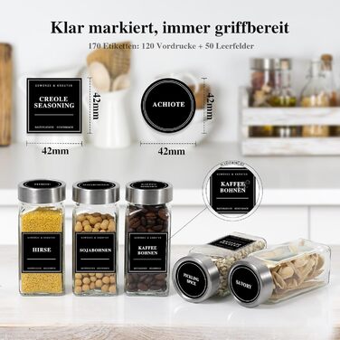 Набір скляних банок для спецій на 24 шт. (120 мл, кутові, герметичні) з кришками з нержавіючої сталі, етикетками та ситами - набір спецій, включаючи воронку та щітку для чищення - зберігання спецій, баночки для спецій з нержавіючої сталі