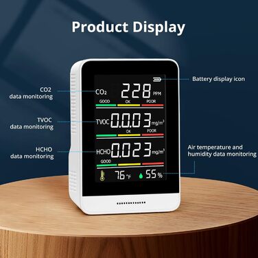 Монітор якості повітря 5-в-1 для дому: CO2, HCHO, TVOC, температура, вологість, запис даних, компактний та портативний