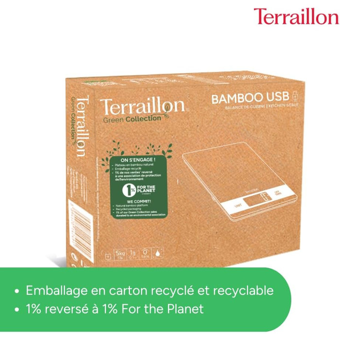 Кухонні ваги TERRAILLON Bamboo з USB-зарядкою, функція Tara, перетворення об'єму, 5 кг, бамбук
