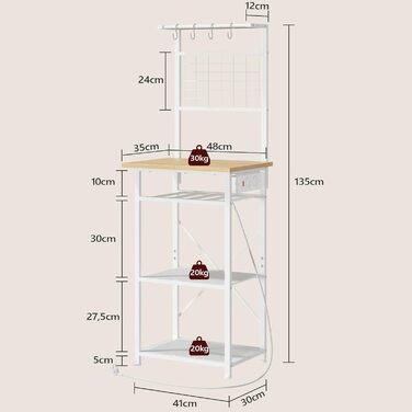 Стелаж кухонний з розетками, підлоговий, 35x48x135 см, 4 гачки, станція для кави з тримачем для пляшок, вінтажний, чорний ABRHR23UE01 (білий)