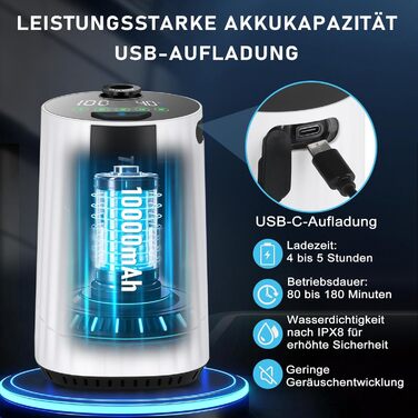Портативна душова кабіна для кемпінгу з насосом, акумулятор 10000mAh, цифровий дисплей, для відпочинку, подорожей, миття тварин та авто (біла)