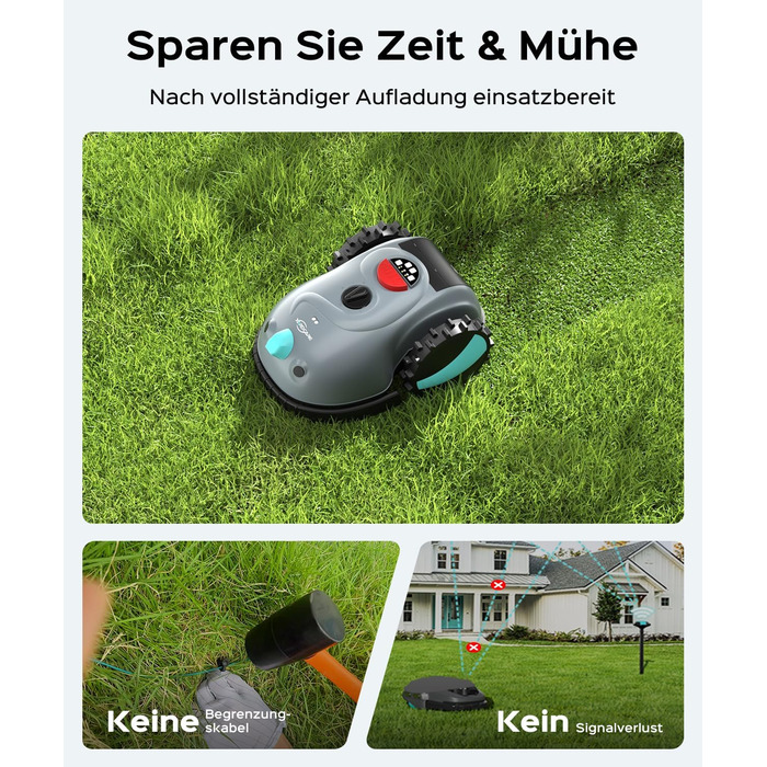 Робот-газонокосилка V100 без обмежувального кабелю з камерою, уникнення перешкод, навігація Vision, акумулятор 4 Ah, 150㎡, запасні леза, спіральне косіння, сірий колір