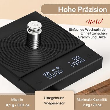 Ваги для кави TIMEMORE Basic 2 з таймером, контролем протікання та точністю 0,1г, чорного кольору