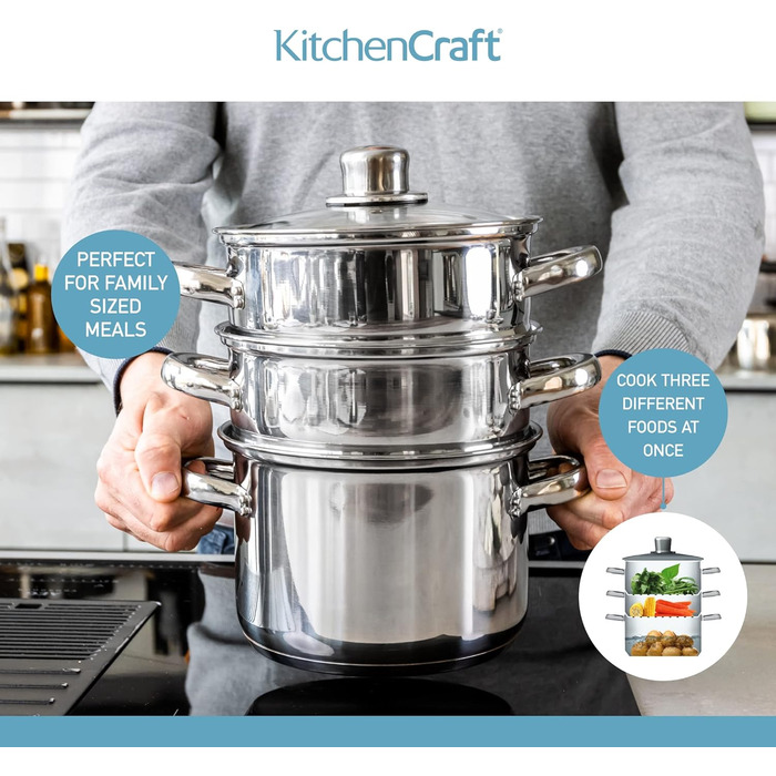 Каструля/каструля для супу KitchenCraft з 3 контейнерами в подарунковій коробці, індукційний сейф, нержавіюча сталь, 18 см 20 x 23 x 27 см