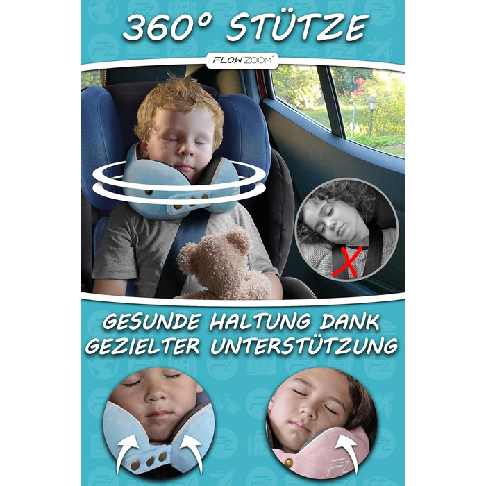 Подушка для шиї FlowZoom Comfy - для автомобіля та літака, з Memory Foam, регульована, 360° підтримка, дихаючий чохол, чорна (також є блакитна модель Comfy Kids S)