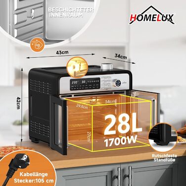 Міні-духовка HOMELUX Air Fryer XXL 28 л з конвекцією, фритюрниця 1700 Вт, 18 програм, 7 аксесуарів, включаючи гриль, подвійний вентилятор, мультипіч XXL без олії, конвекційну піч