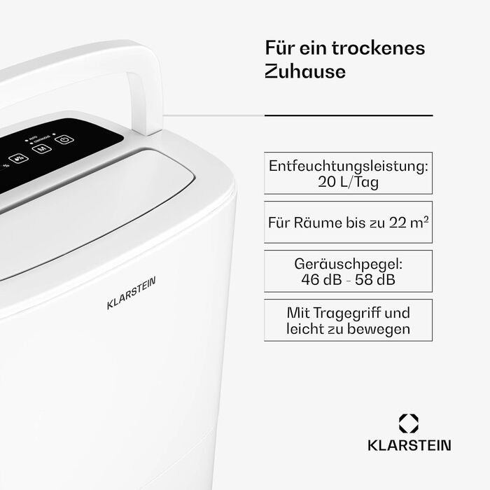 Електричний осушувач повітря Klarstein DryFy 20L - 20 л/добу, 20 л, 400 Вт, білий, з функцією сушіння білизни