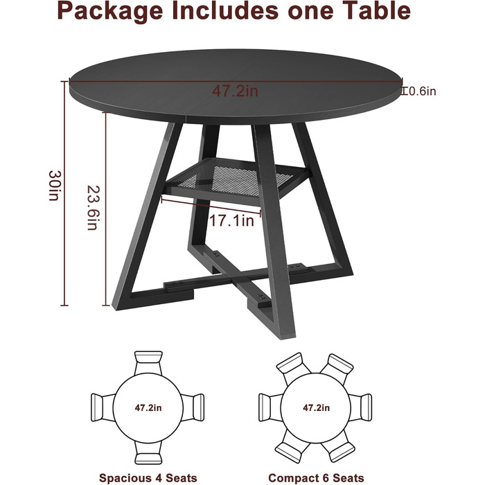 Круглий обідній стіл для 2-4 осіб з поличкою, кухонний стіл в індустріальному стилі (107x107x76 см, 120x120 см), чорний