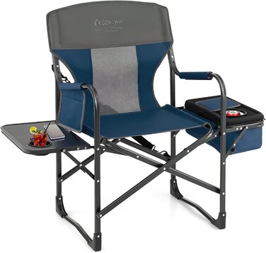 Кемпінгове крісло COSTWAY з приставним столиком, сумка-холодильник і сумка для зберігання, складне рибальське крісло, вантажопідйомність 180 кг, режисерське крісло портативне, розкладне крісло Складаний стілець для кемпінгу, риболовлі, пікніка (синій)