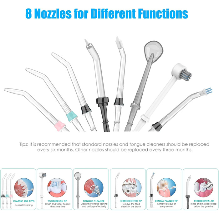 Електрична іригатор для порожнини рота з 10 рівнями тиску та 8 насадками, професійний водяний флосер, резервуар для води 600 мл, ідеально для сім'ї, білий (чорний)