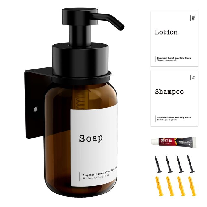 Настінний диспенсер для мила чорного кольору 250 мл - без свердління - для шампуню та гелю для душу