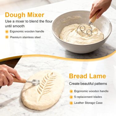 Набір для випікання хліба Gärkorb, повний комплект аксесуарів для випікання хліба (23см круглий & 25см овальний), скребок для тіста, льняний вкладиш, мішалка для тіста & лопатка для хліба. Набір для випікання хліба для початківців та професіоналів