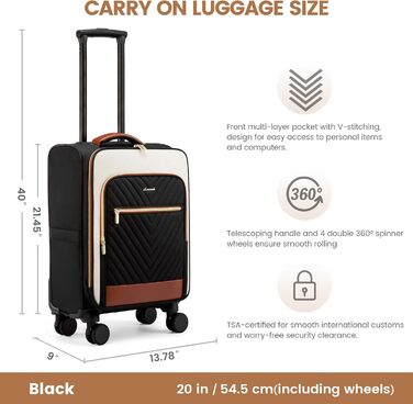 LOVEVOOK Набір валіз ручної поклажі: ручна валіза, середнього розміру, 20 дюймів, з відділенням для ноутбука 17 дюймів, легка, для жінок, подорожі, ділові поїздки, чорний, білий, коричневий