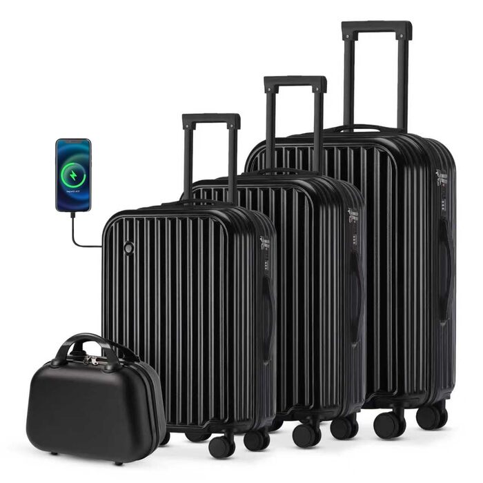 Набір валіз Tiyfiy 4 в 1 з жорстким корпусом, косметичка, USB-порт, TSA-замок, 360° колеса, чорний