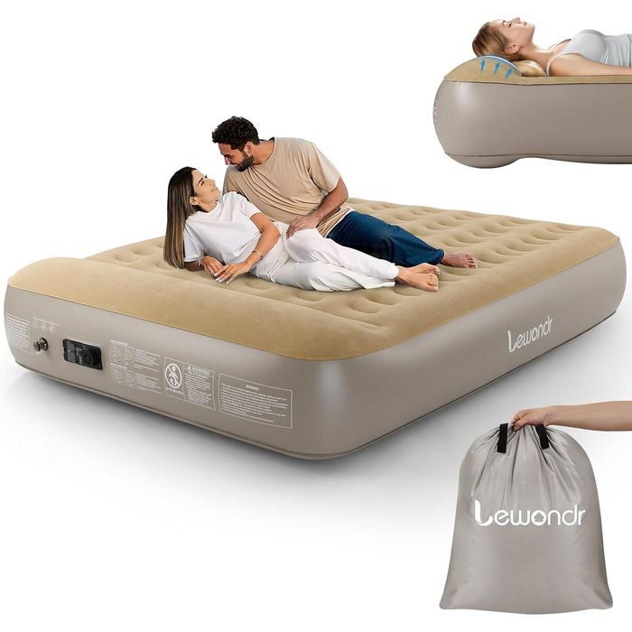 Надувне ліжко Lewondr на 2 особи з вбудованим насосом, 203x152x33 см. З подушкою, самонадувне, для кемпінгу, дому, гостей, подорожей (250 кг MAX), кольору хакі