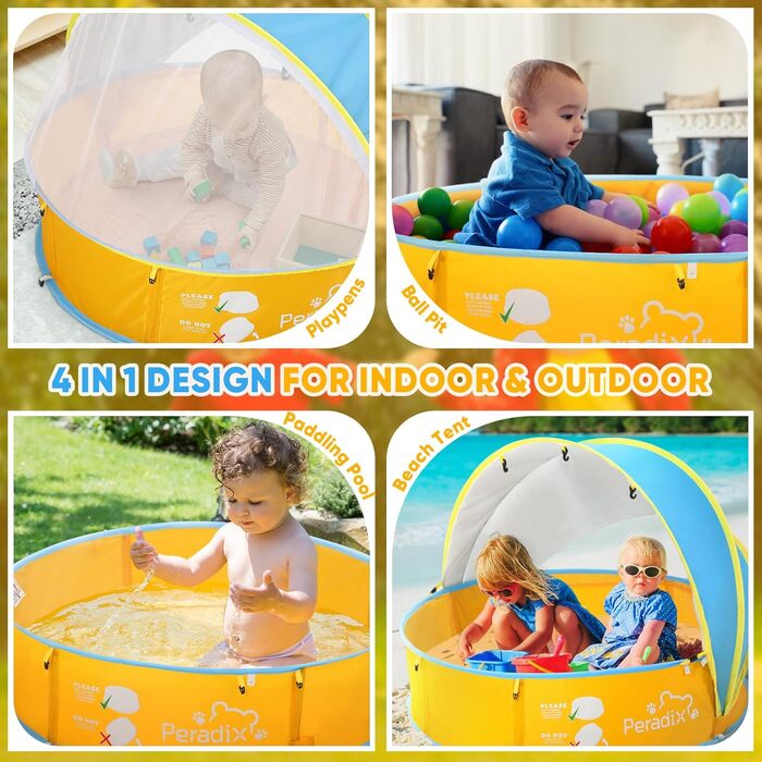 Дитяче басейн-тент Peradix 4-в-1 з UV захистом, басейн з кульками, москітна сітка, ігровий намет для дітей, літній басейн для ігор (блакитно-жовтий)