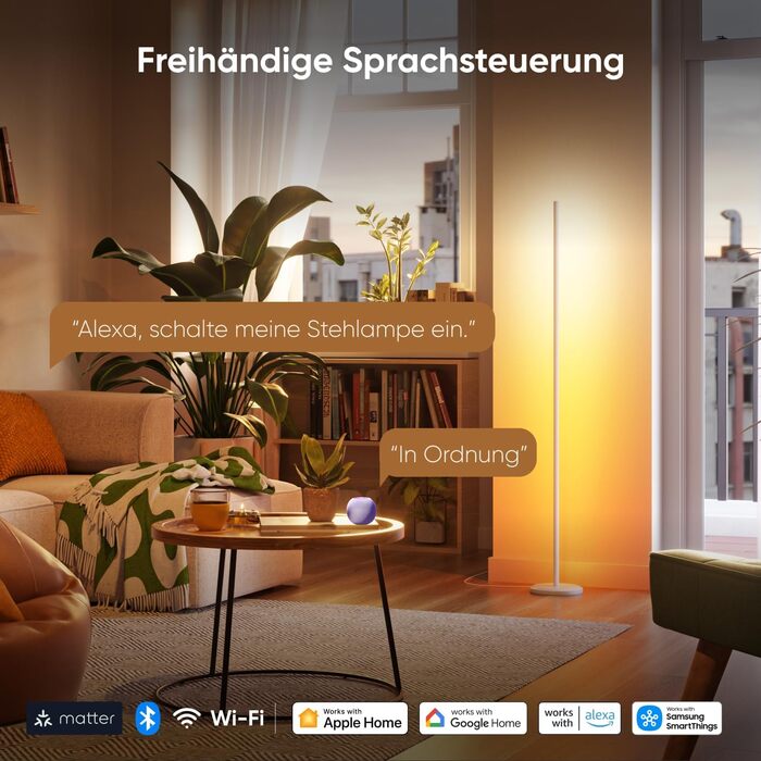 Наноліф Matter Розумна Підлогова Лампа Біла, RGB IC LED, Диммер, Музичний Синхронізація, 1700lm, Управління через Додаток та Голос (Alexa, Apple HomeKit), Декоративне Освітлення для Спальні та Геймінгу