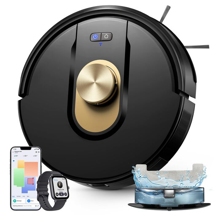 Робот-пилосос Vexilar з функцією миття підлоги, 8000Pa, LiDAR-навігація, 5 карт, 180 хв роботи, 50dB, керування через додаток та голосовий помічник, для твердих поверхонь та килимів, золотий