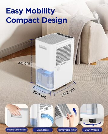 EasyAcc Електричний осушувач повітря 1200мл, 18л/день, тихий, портативний, з автовимкненням та режимом сну для дому та офісу (білий)