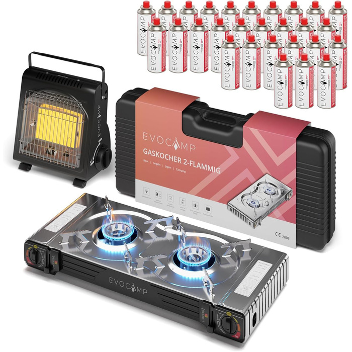 Газовий наметковий пальник Gaskocher 2-flammig з п'єзозапалюванням для балончиків MSF-1a 227g. Комплект: пальник, 4 балончики та портативна газова пічка 1.7 kW